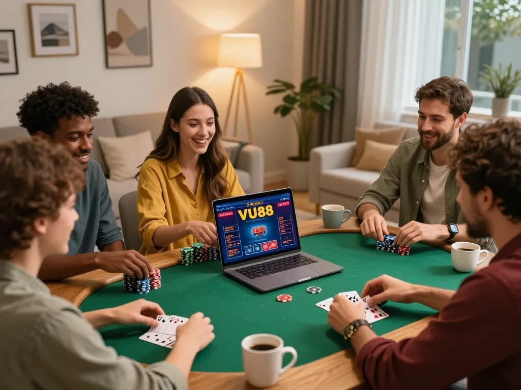 Friends enjoying a poker game online at VU88, displaying excitement and strategic gameplay.