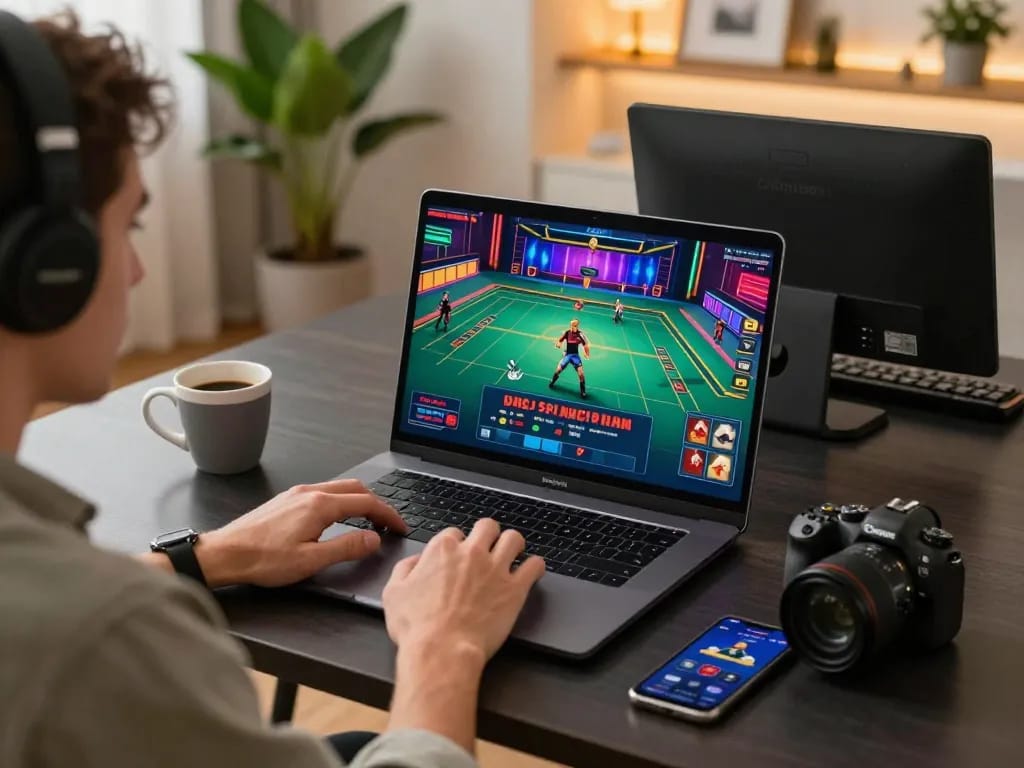 DABET gaming enthusiast engaged in live dealer game on laptop at home.