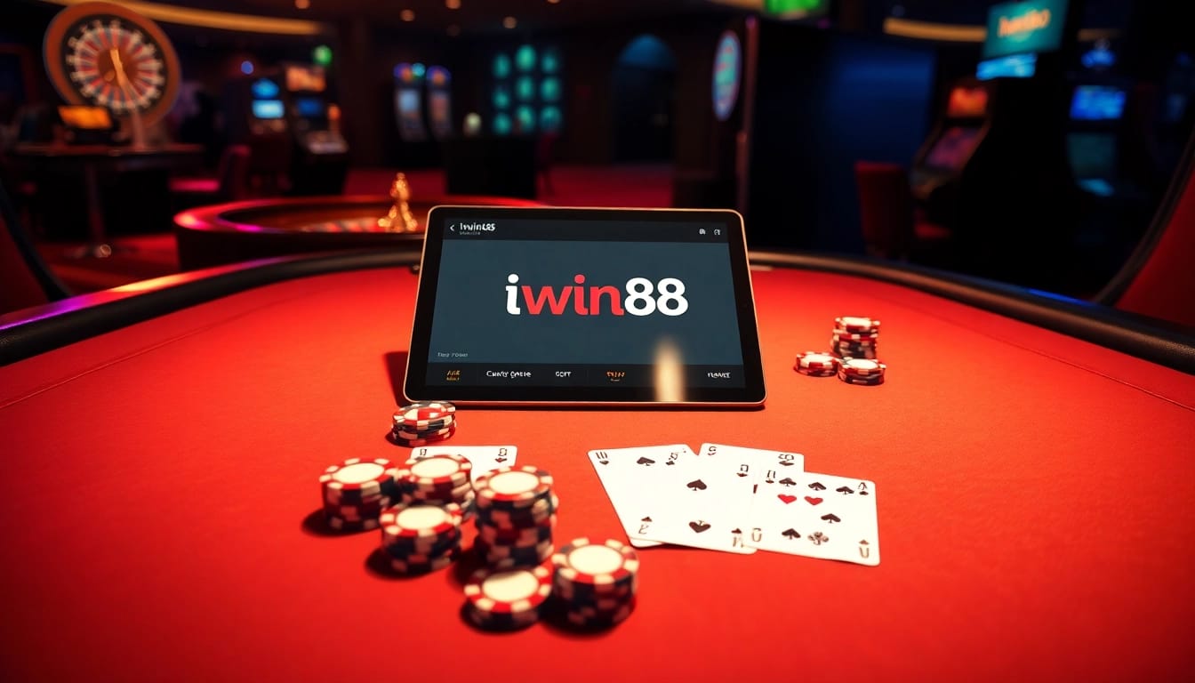 Iwin68 poker table with chips and cards, highlighting a luxury online gambling experience.