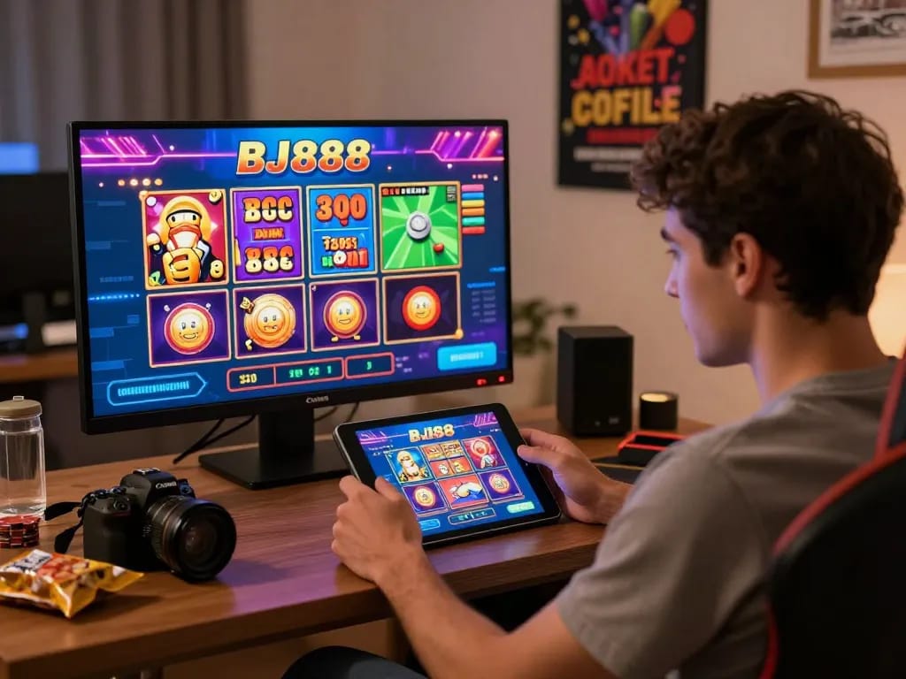 Player enjoying BJ888 online gaming interface with vibrant graphics and engaging game options at home.