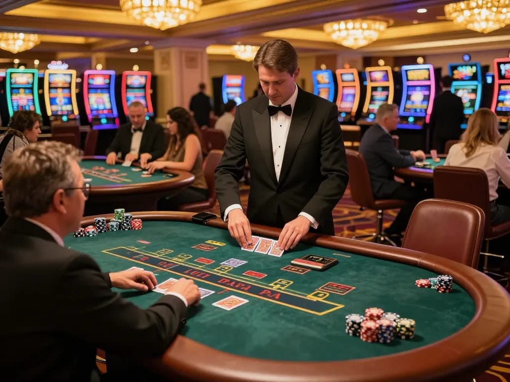 Players enjoying blackjack excitement at lucky88mobi casino with intense gameplay and rich decor.