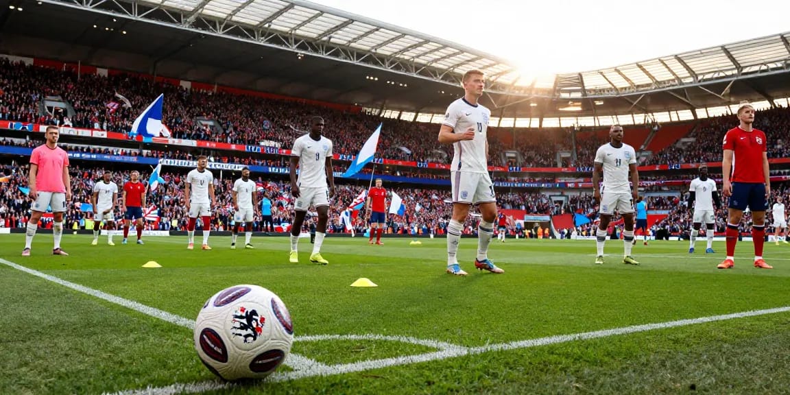 Engeland voetbalwedstrijd op Wembley met enthousiaste fans en spelers in actie.