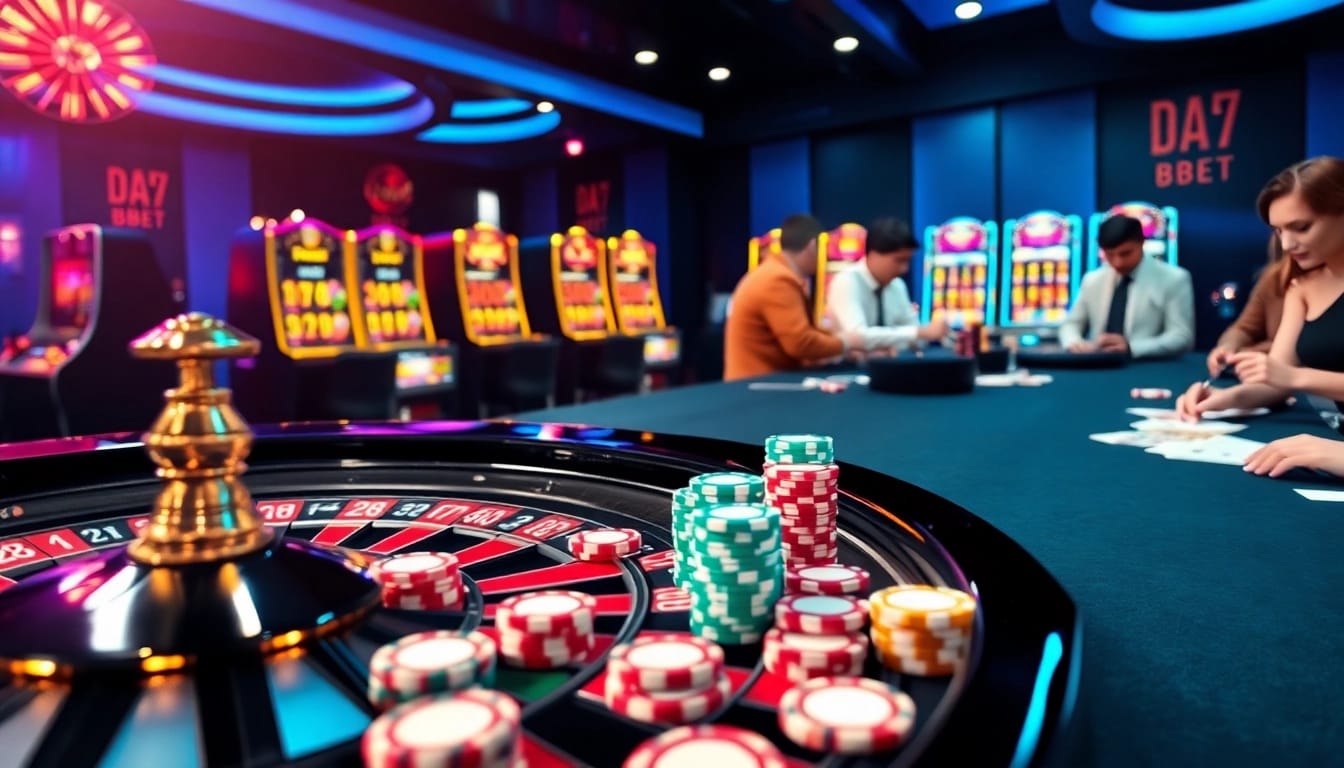 DABET trang chủ featuring an exciting casino scene with vibrant poker chips and a roulette wheel.