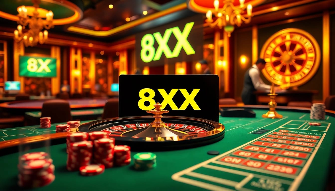 Play at 8XX casino with vibrant tables, chips, and a digital betting interface.