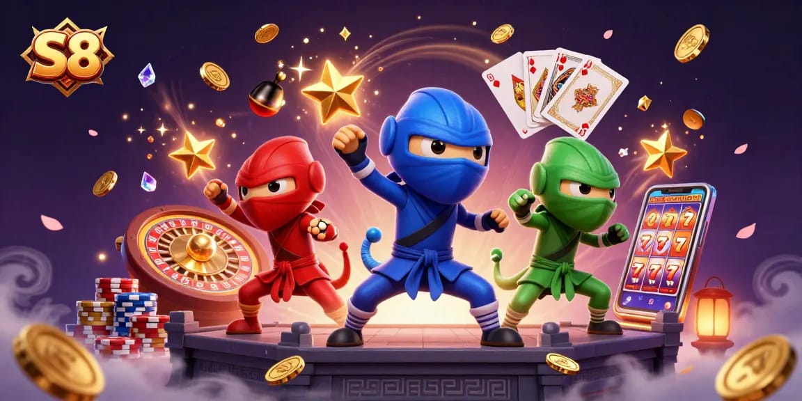 Win big with S8: A high-stakes scene featuring ninja chameleons amidst golden coins and casino elements.