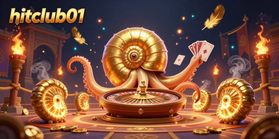 Engage with hitclub01's thrilling atmosphere, featuring a giant nautilus roulette wheel and glowing companions amidst dynamic casino elements.