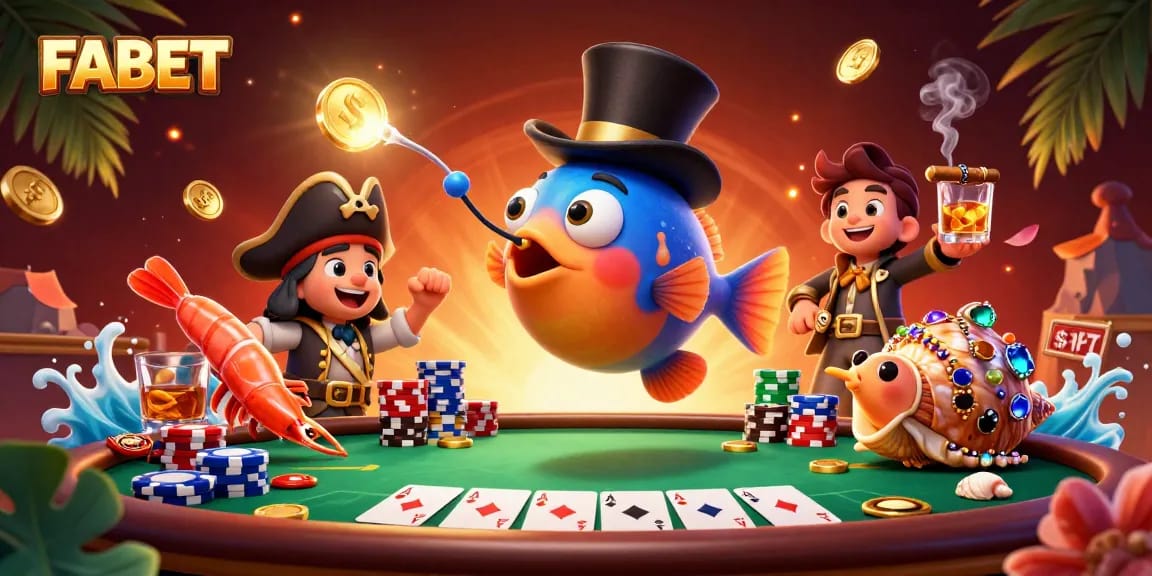 FABET showcases an anglerfish in a top hat attracting coins, enhancing the online casino experience.