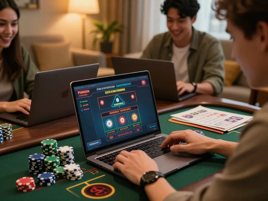 Players engaged in strategic gameplay at Fabet com online casino, with laptops and stacks of chips.