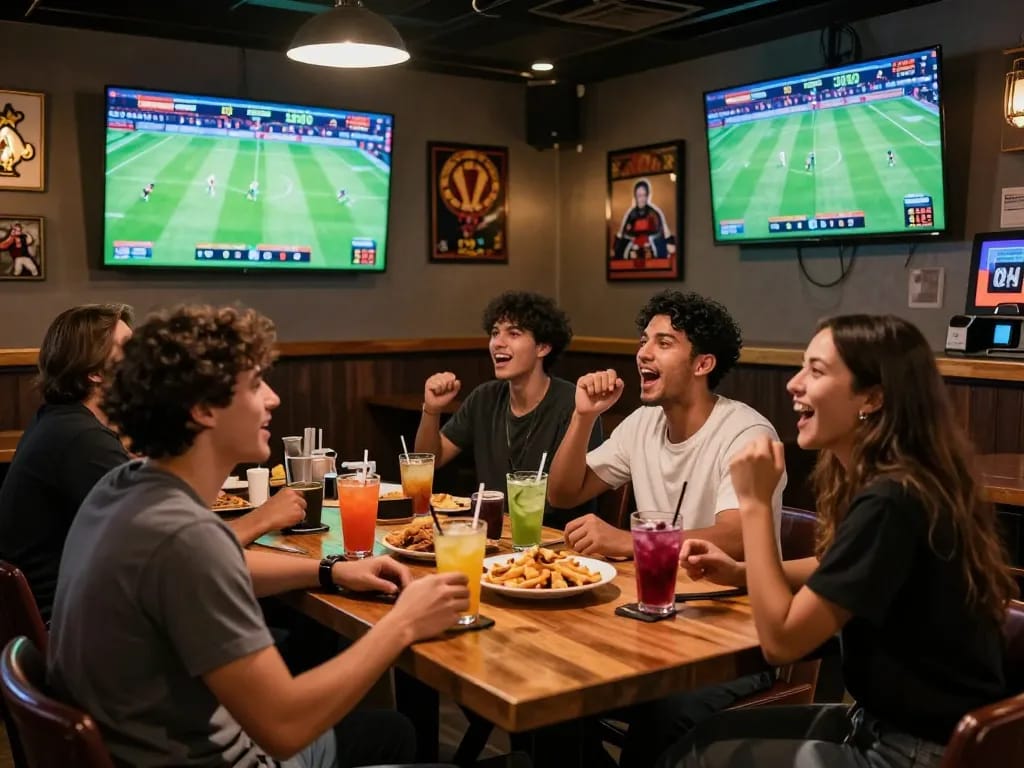 Engaging sports betting scene with kèo nhà cái displayed on screens, lively atmosphere with diverse individuals enjoying the game.