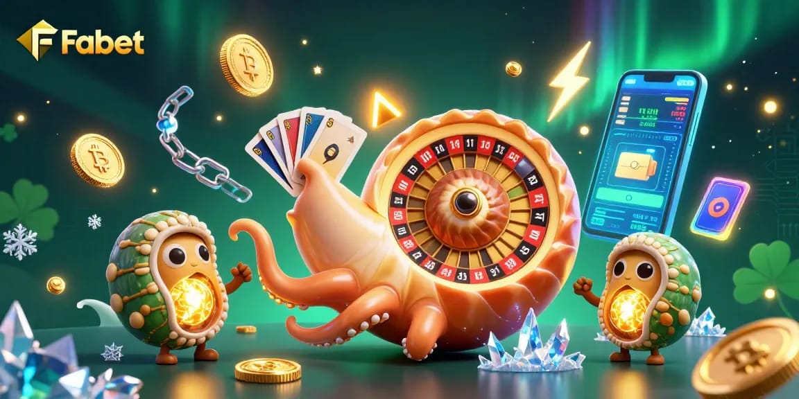 Engage with Fabet's thrilling online casino experience, where a giant nautilus spins roulette while holding cards.