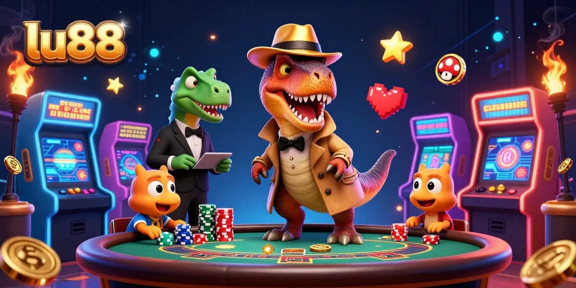 Experience thrilling action at lu88's blackjack table with animated dinosaurs in a vibrant casino.