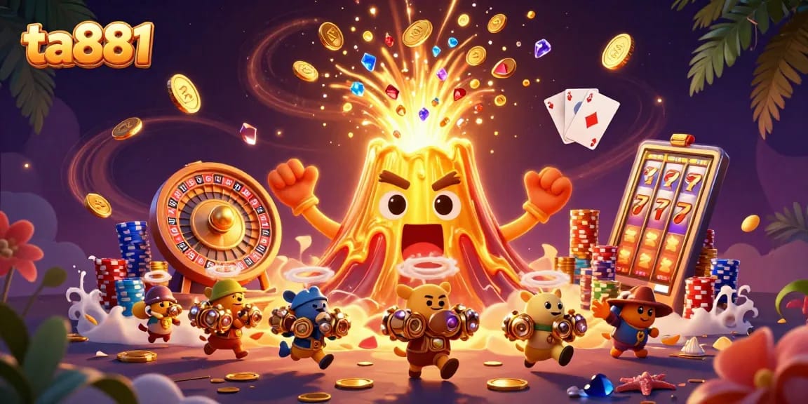 Spin the reels and win big at ta881 with colorful treasures bursting from a volcano in this vibrant casino scene.