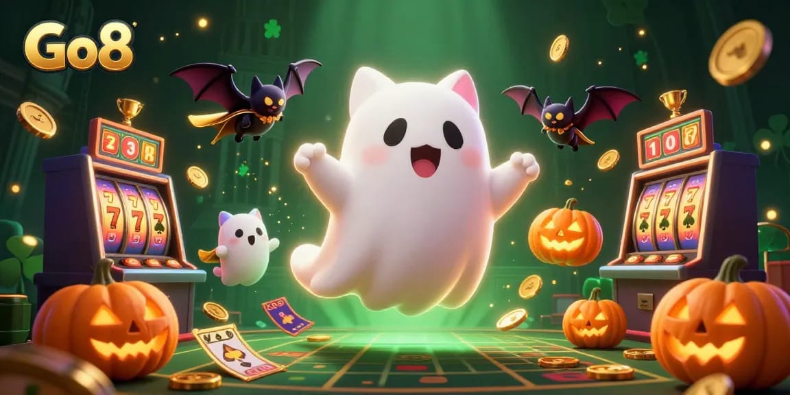 Engage with thrilling slots at Go8 featuring a floating ghost cat amidst haunted casino elements.