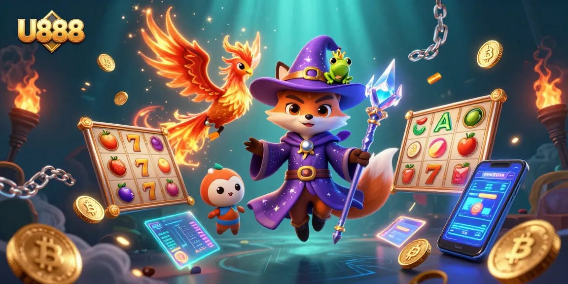 Engage with U888's vibrant 3D casino world featuring mystical characters and slot elements.