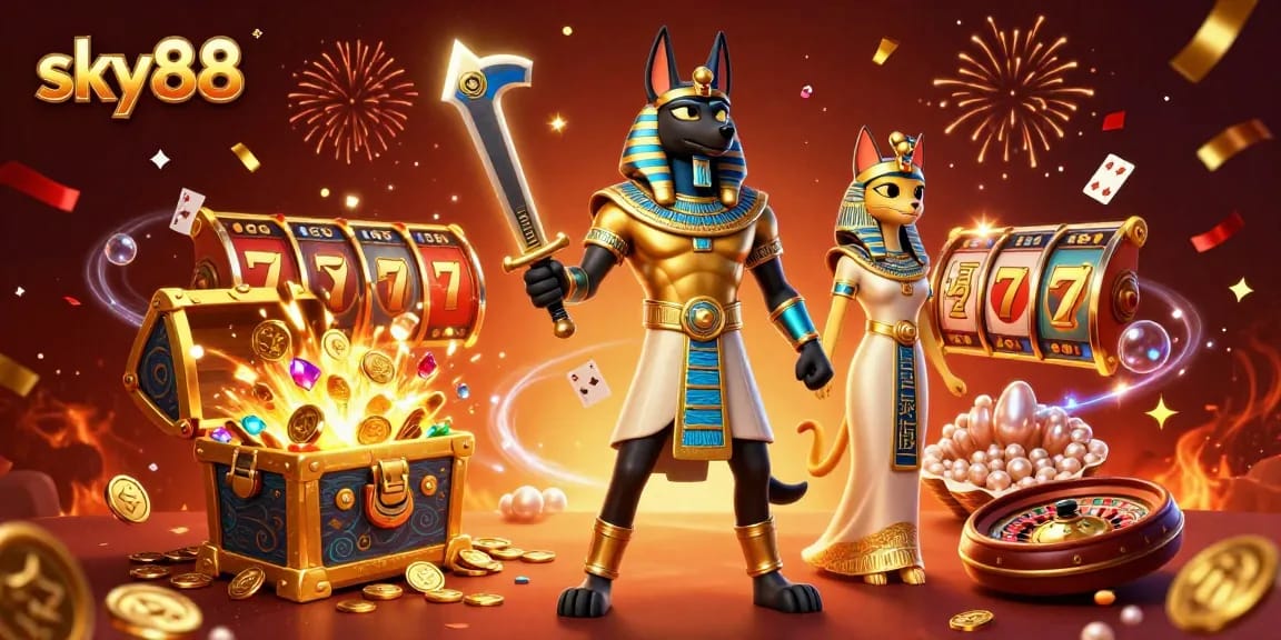 Experience thrilling gameplay at sky88 with Anubis and Bastet amidst glowing treasures and slot reels.