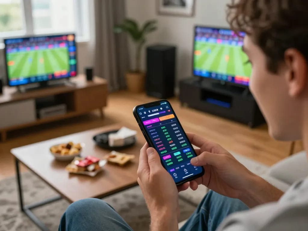 Engage with debet com through live betting excitement in a cozy home setting, showcasing sports betting.