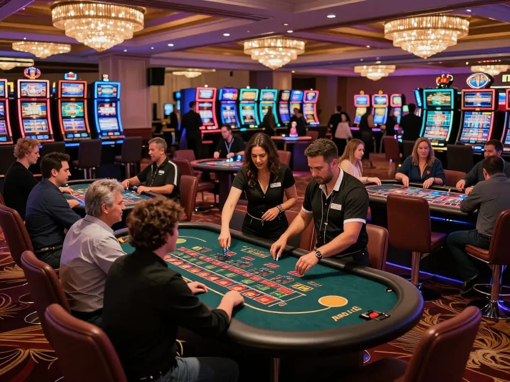 Experience GA88 excitement as players engage in thrilling casino games amidst dazzling lights and vibrant atmosphere.