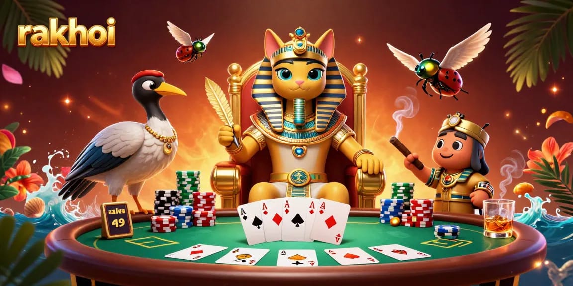 Join the excitement of rakhoi with a dynamic 3D scene highlighting poker action and regal characters.