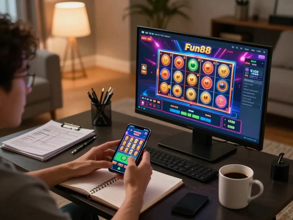 Engaging in fun88 mobile gameplay with vibrant slot visuals in a cozy home setting