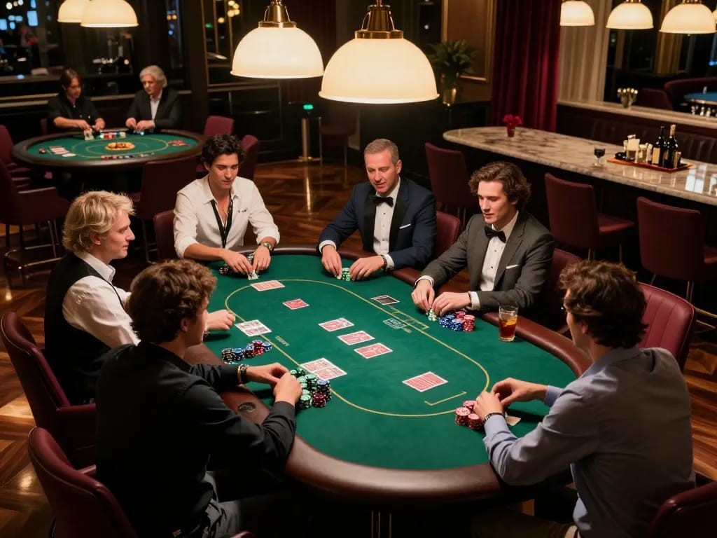 CM88 poker game atmosphere with players engaged in strategy and excitement at a luxury casino table.