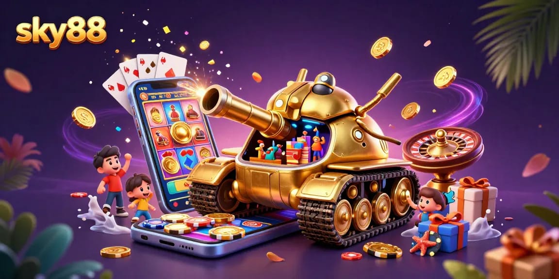 Experience thrilling wins at sky88 with an exciting casino-themed animation featuring a gold beetle tank.