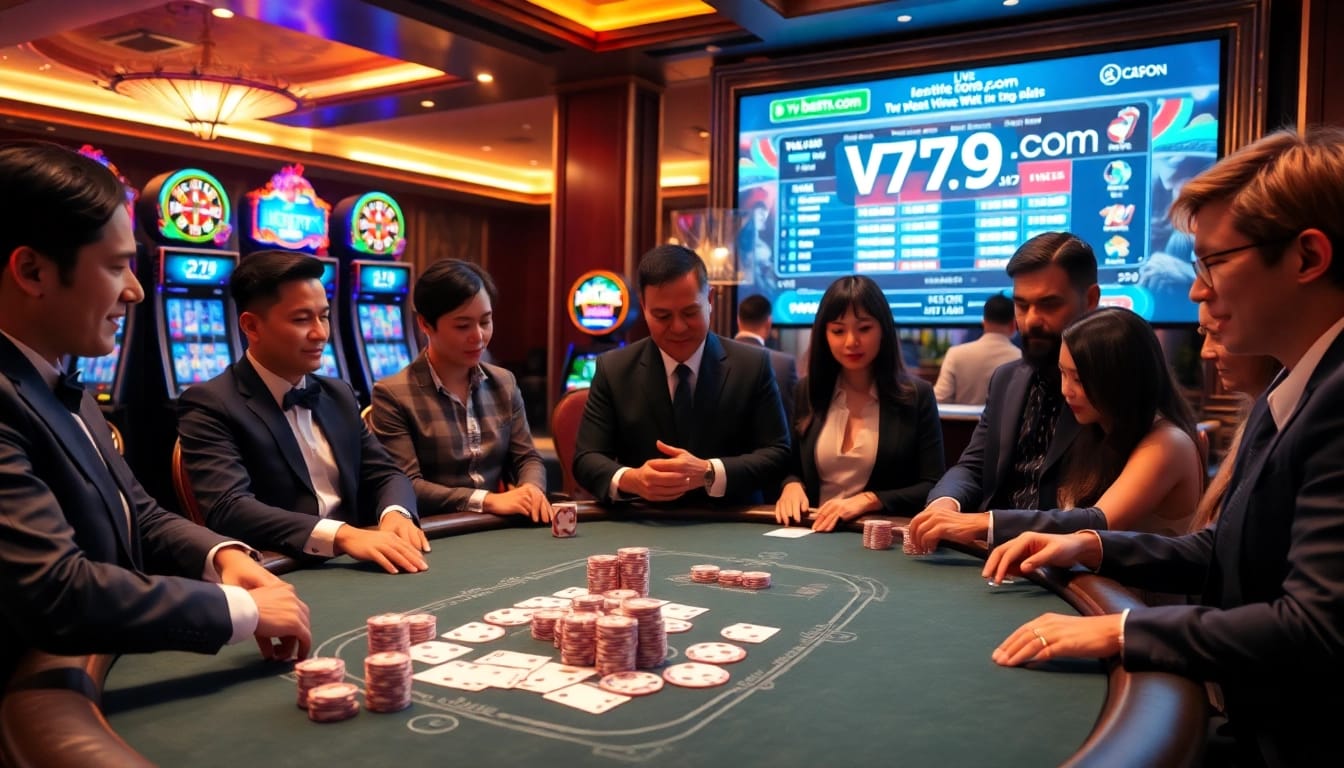 Engaging scene at a stylish casino with poker chips and vn789.com betting interface.