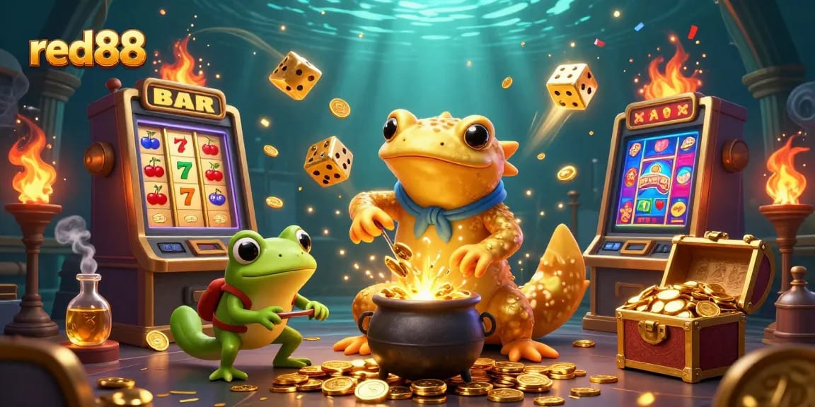 Gamblers experience excitement with red88 in a vibrant 3D casino scene featuring golden coins and games.