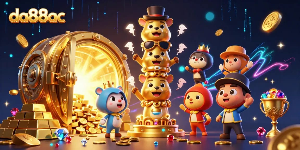 Engage with da88ac at a vibrant 3D casino with animated character action and lively gaming elements.