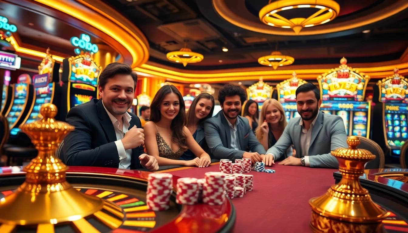 Experience the excitement of gambling at LC88's luxurious casino tables, featuring poker chips and roulette wheels.