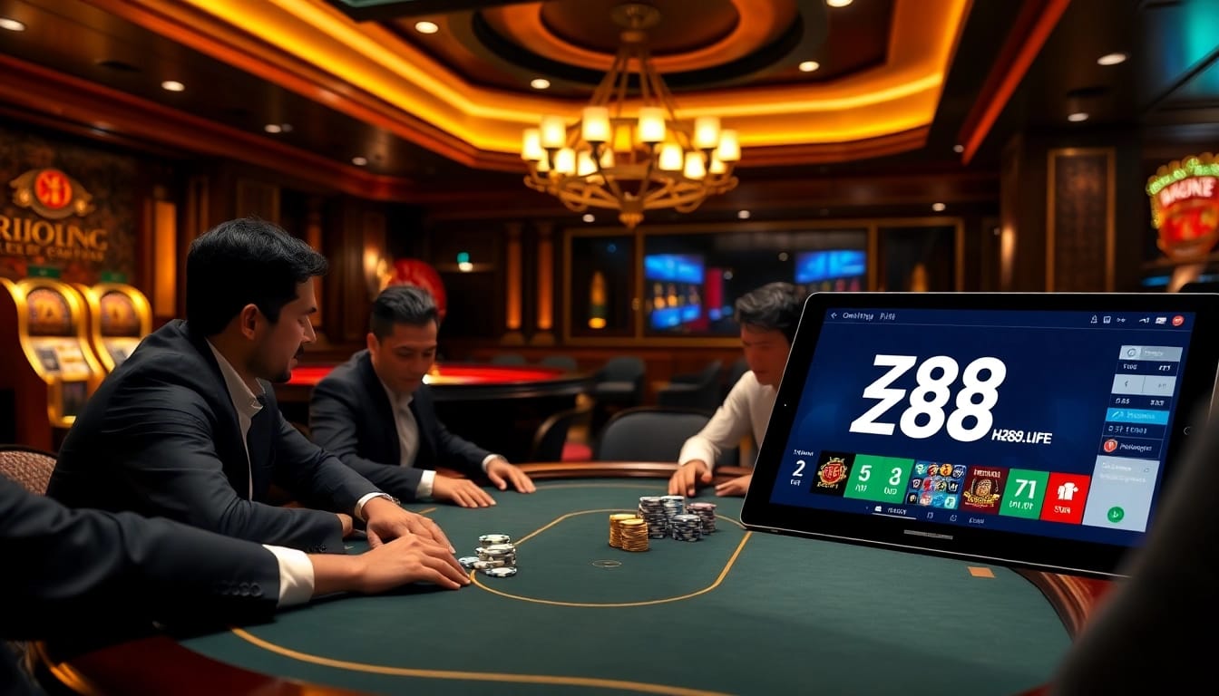 Engaging casino scene featuring poker players and online gambling interface https://hz88.life/.