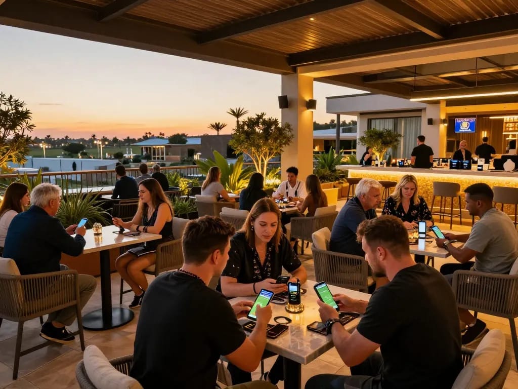 RED88 players enjoying outdoor betting at a stylish casino terrace