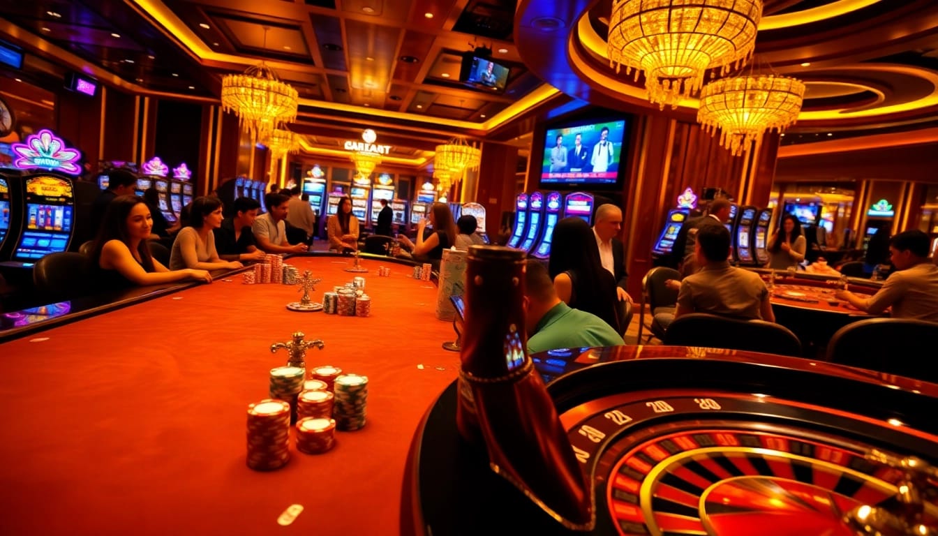 Gamblers enjoying a vibrant casino experience at https://33win.property/ with modern gaming tables and digital interfaces.