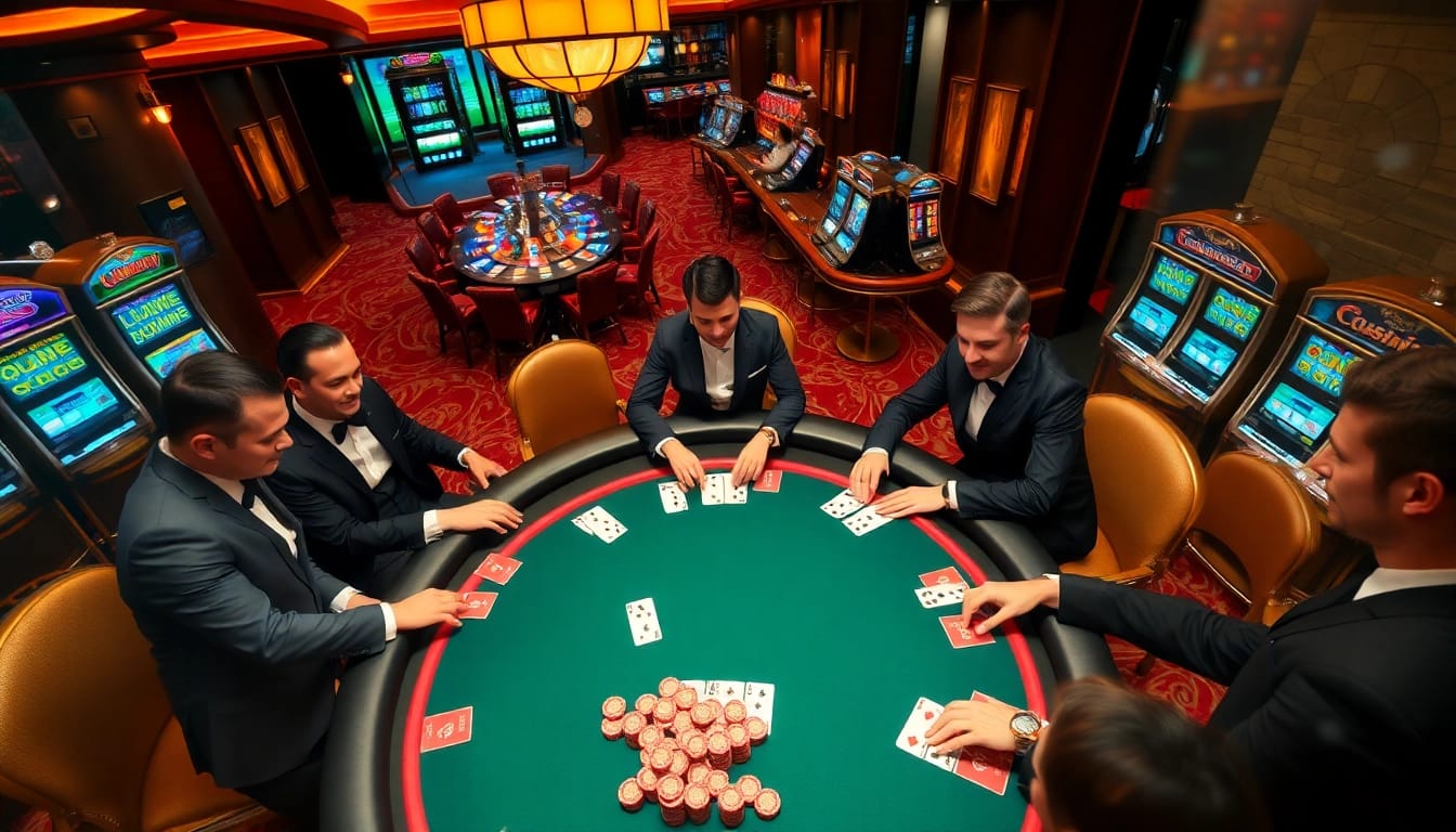 Players at Bin88 engage in an exciting poker game, showcasing luxury and thrill in a glamorous casino setting.