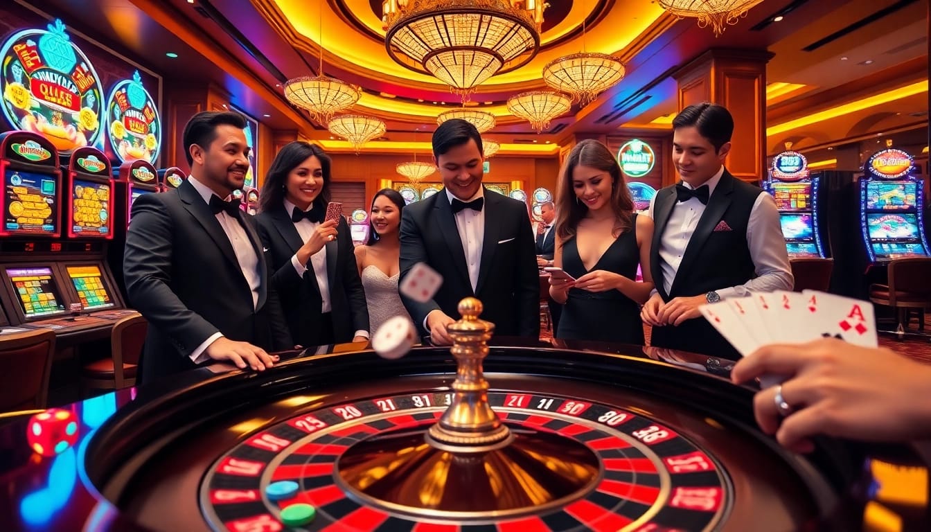 Experience the thrill of J88 roulette with vibrant chips and professional dealers in an elegant casino setting.