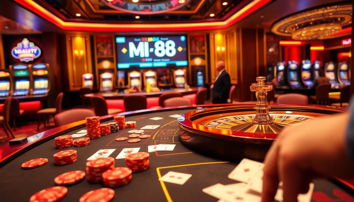 Players enjoying a thrilling game at the MI 88 casino table with vibrant chips and cards.