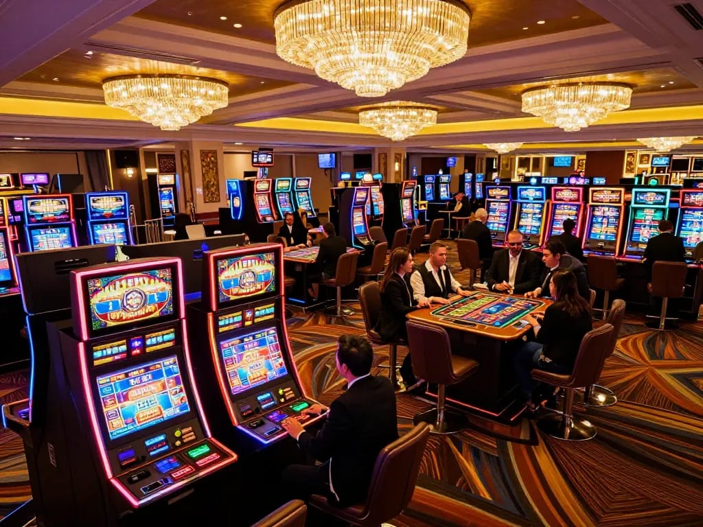 Experience vibrant gaming action at https://98win8.co.com/ with players enjoying lively slots at a luxury casino.