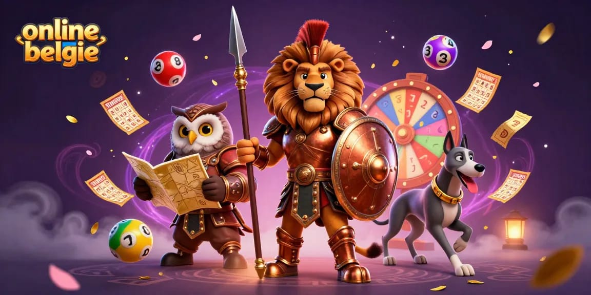 Experience online casino belgie with a vibrant scene featuring a heroic lion, owl strategist, and golden elements.