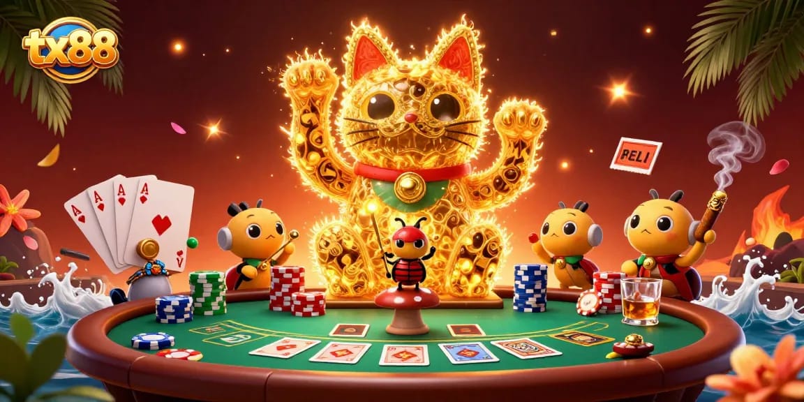 Play and win at tx88 with a vibrant scene of a lucky cat made of golden fireflies amidst poker elements