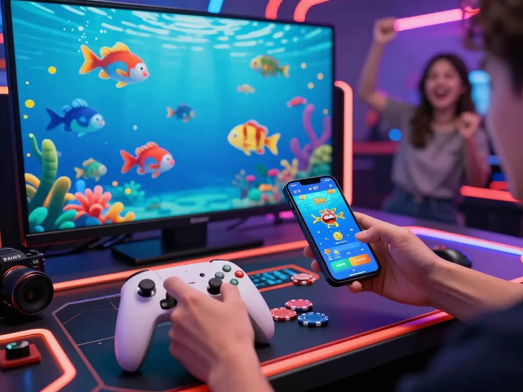 79King gaming scene with player enjoying ocean fishing game and vibrant competition setup.
