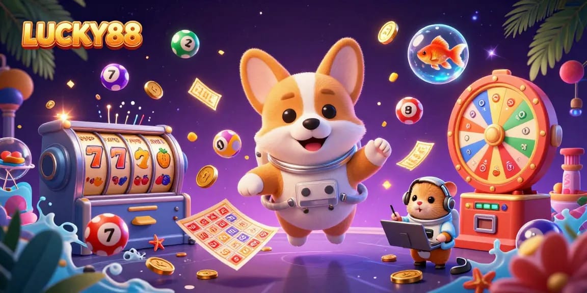 Experience LUCKY88's thrilling adventures with a corgi in space, vibrant casino elements, and epic jackpot chances.