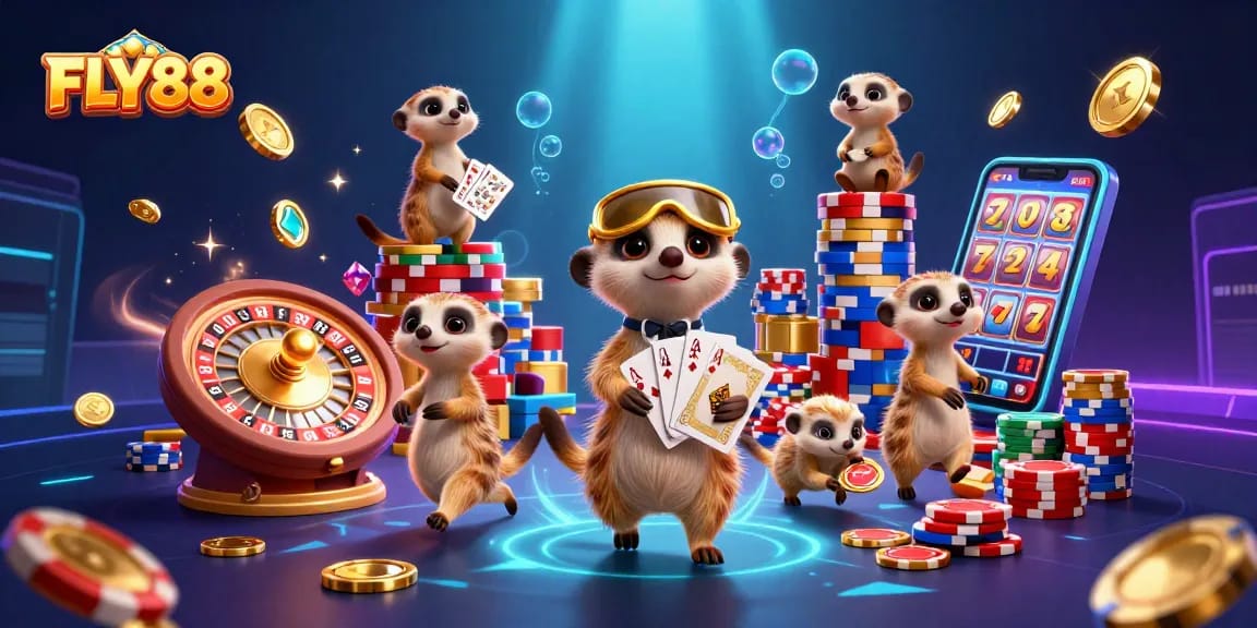 FLY88 showcases an adventurous meerkat casino scene filled with excitement and dynamic gaming elements.