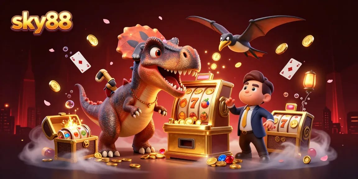 Experience sky88 action with a pachycephalosaurus hitting a jackpot slot machine amid vibrant casino chaos.