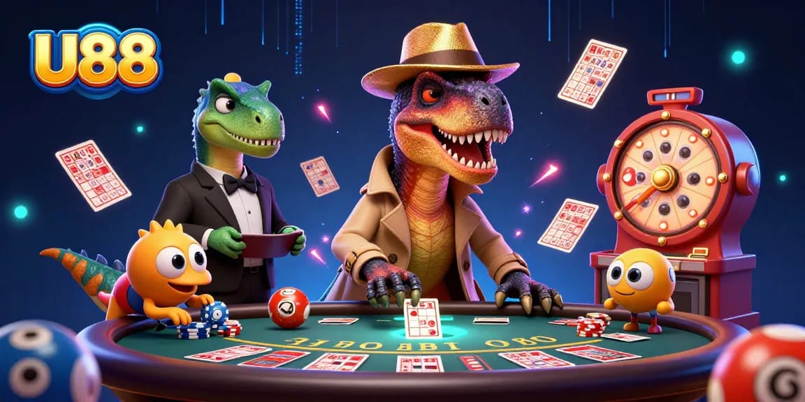 Engage in thrilling gameplay at U88 with 3D casino characters amidst colorful lottery elements.