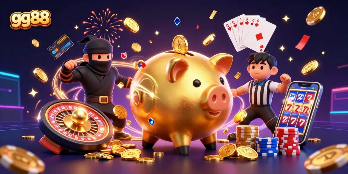 Experience exciting gaming at gg88 with golden coins cascading around vibrant characters in this dynamic casino scene.