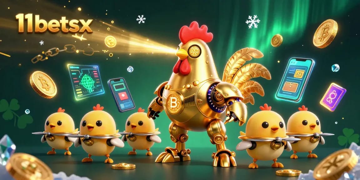 Engage with 11betsx's vibrant casino world featuring golden rooster robot and crypto elements.