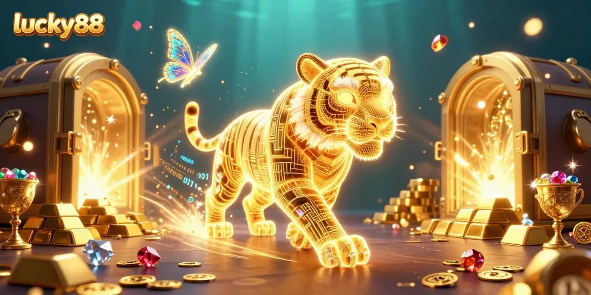 Experience the thrill of lucky88 with a neon golden tiger and riches in a vibrant digital casino landscape.