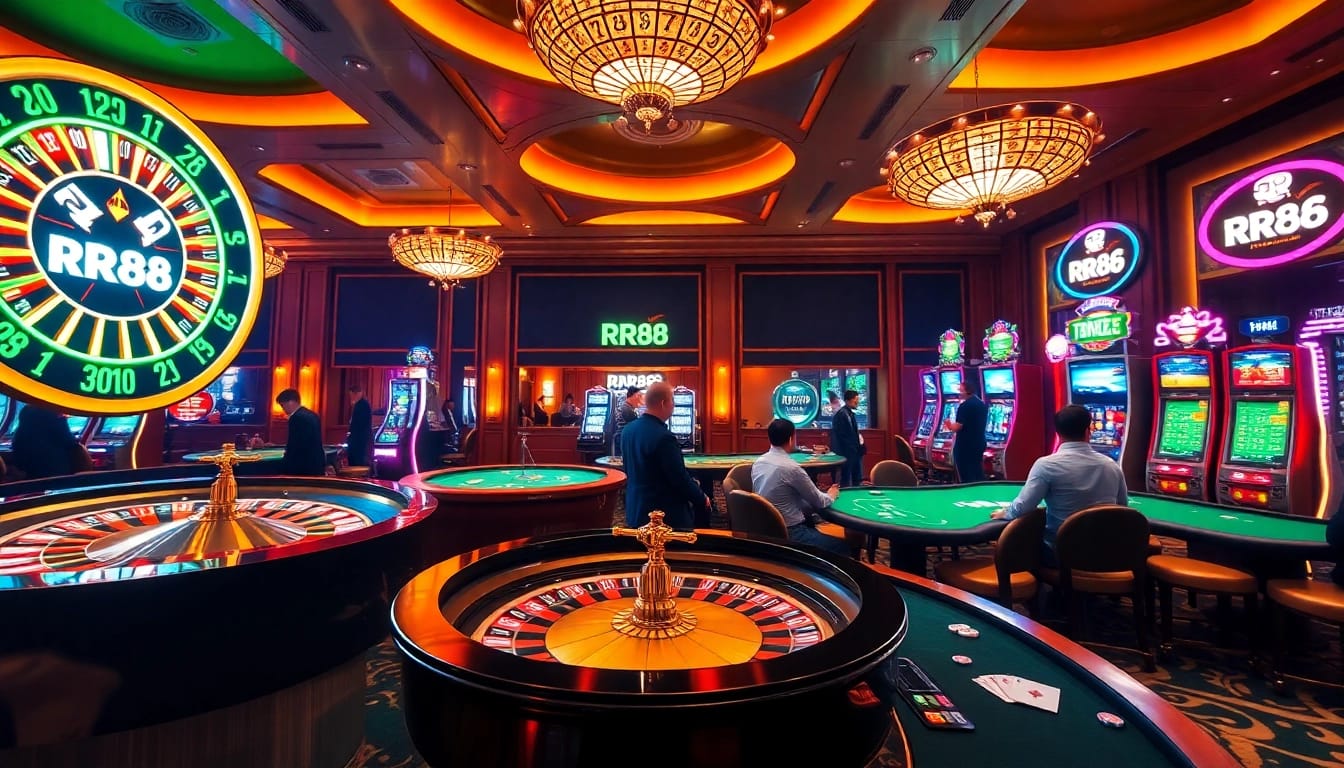 RR88 gamers strategizing at a luxurious casino table with thrilling action and vibrant decor.