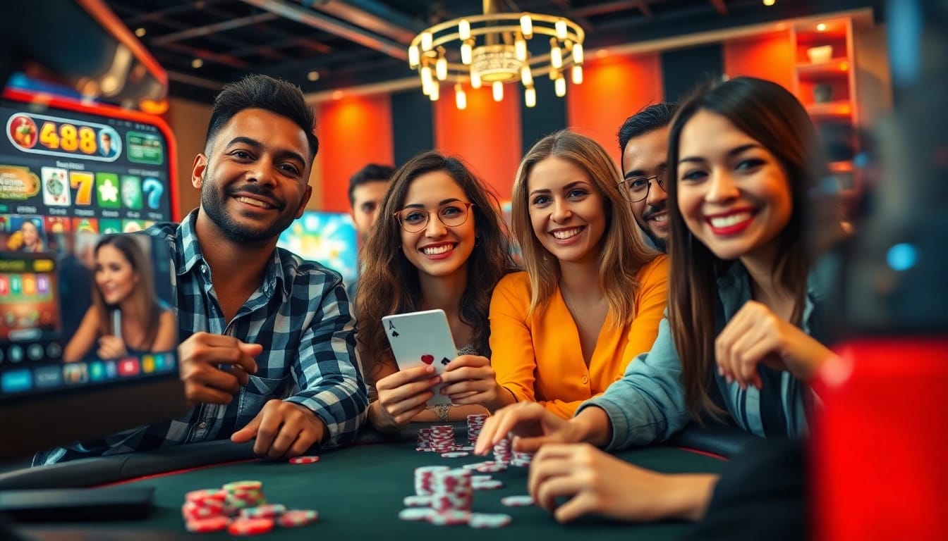 Engaging scene of diverse players enjoying go8 online gaming, showcasing excitement and modern betting interfaces.