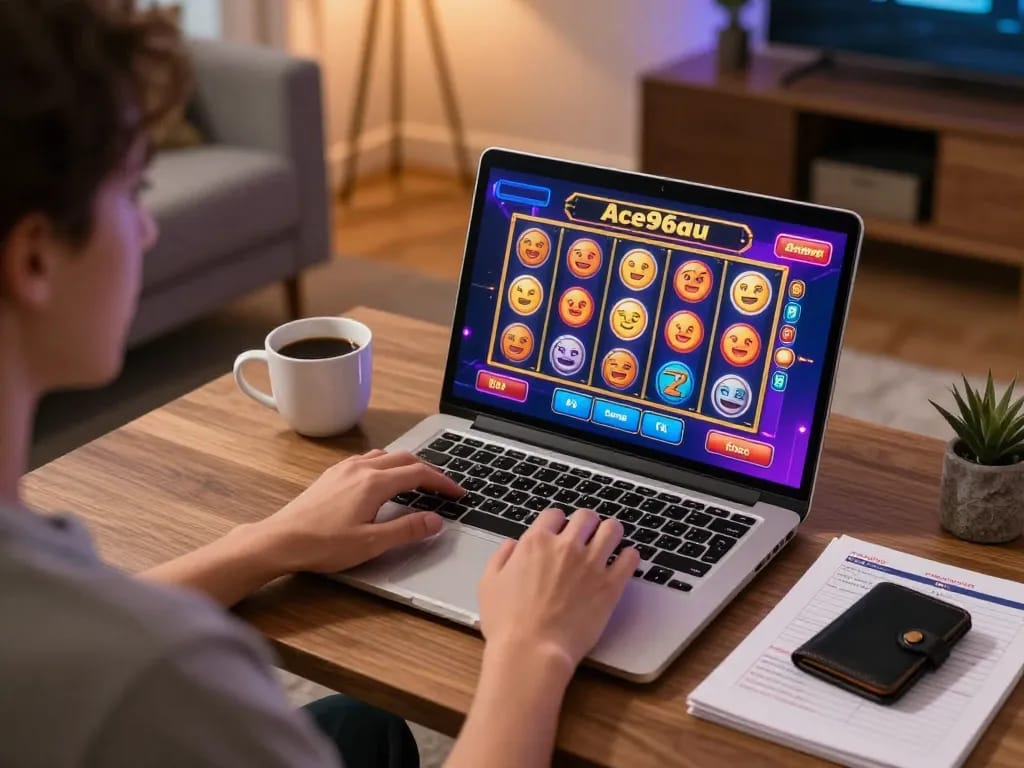 A player enjoys immersive Ace96au online casino gaming on a laptop at home, showcasing vibrant slot games.
