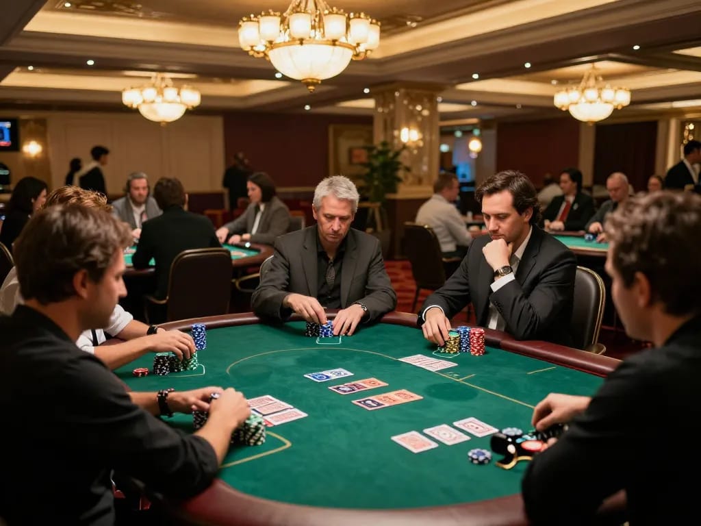High-stakes poker gameplay at nhà cái 23WIN in a luxurious casino atmosphere, players strategizing with cards and chips.